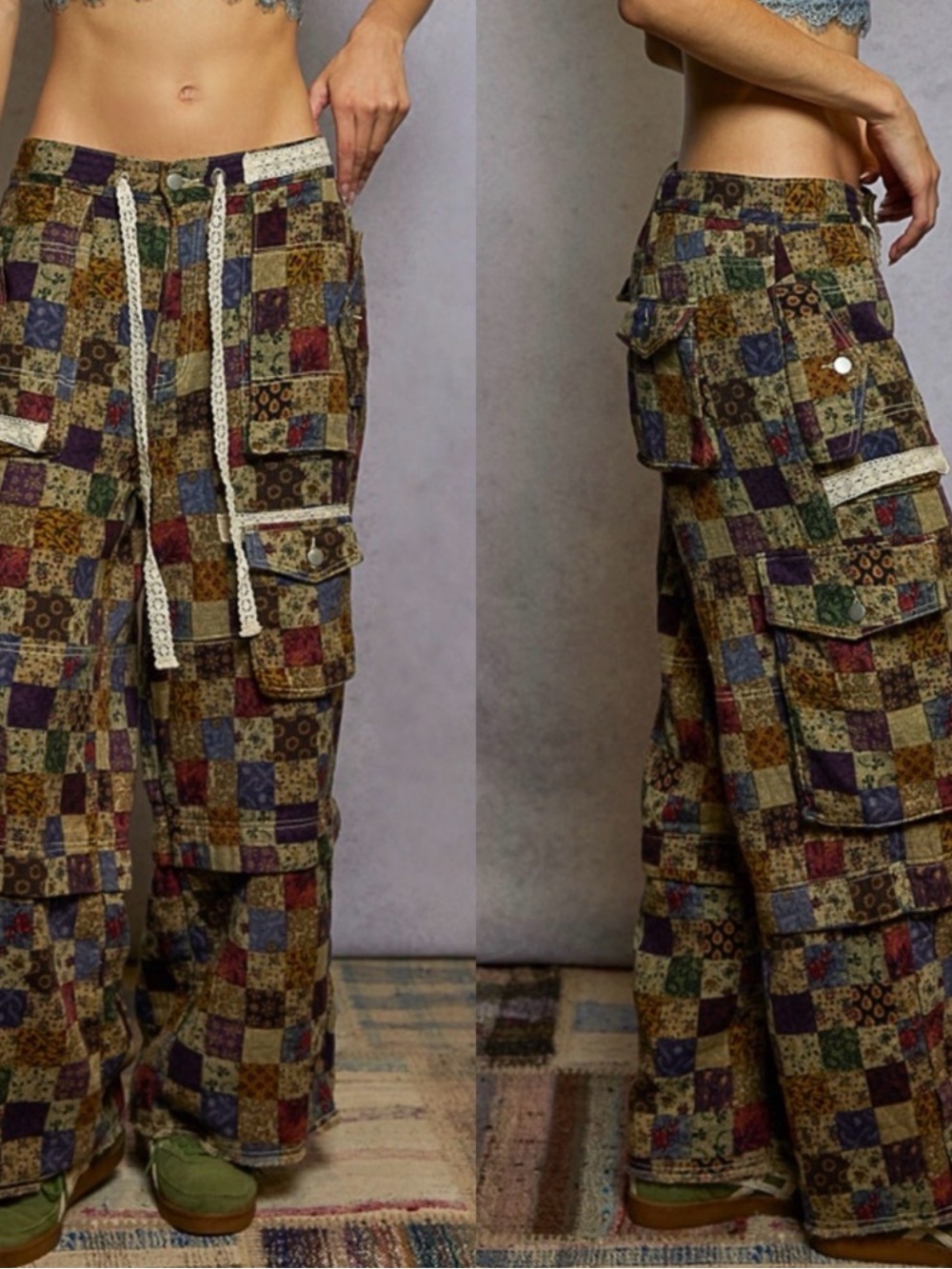 POL Patchwork Wide-Leg Cargo Pants - Multicolor